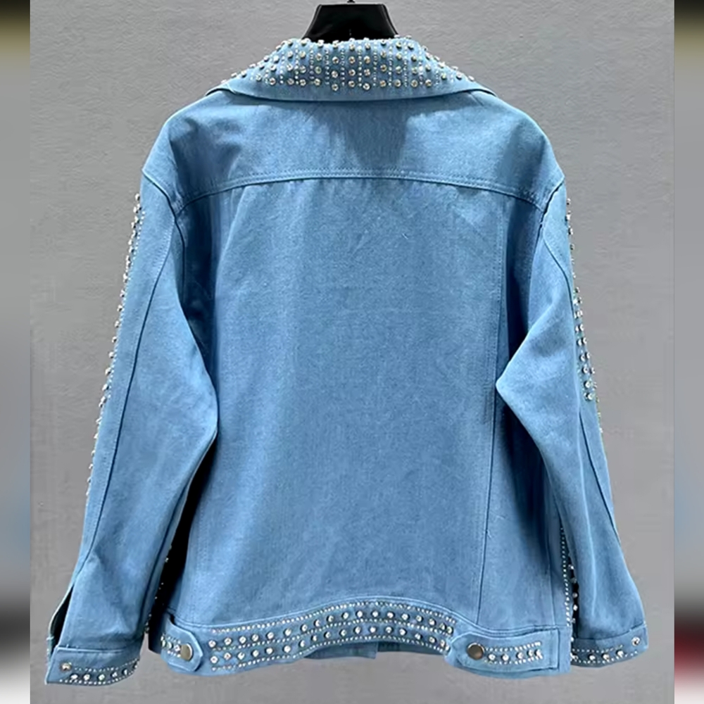 Patchwork Rivet Denim Jacket Women Fashion Lapel Long Sleeve - Picture 2 of 7